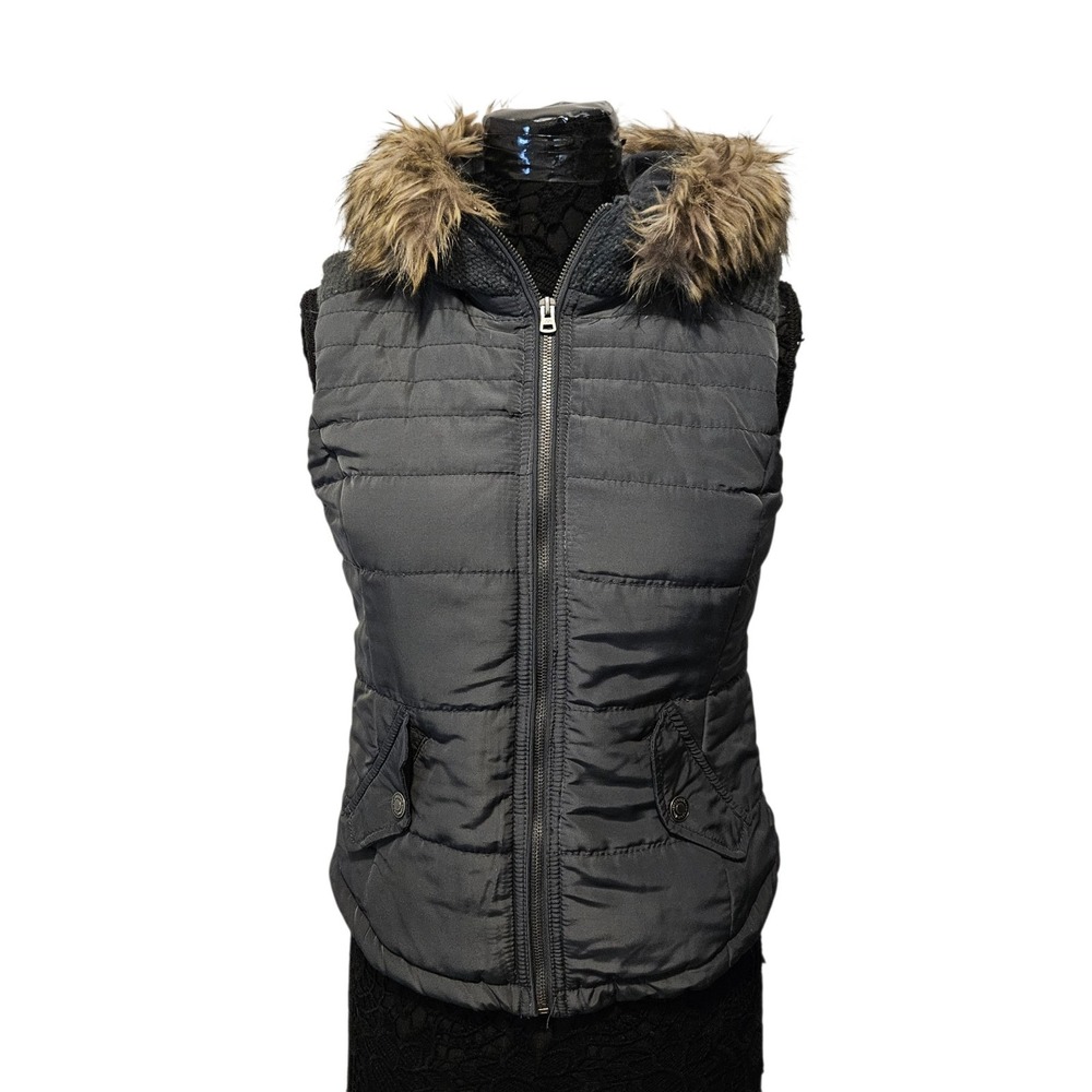 Vintage Aeropostale Puffer Quilted Vest Hooded Removable Faux Fur Grey Size M